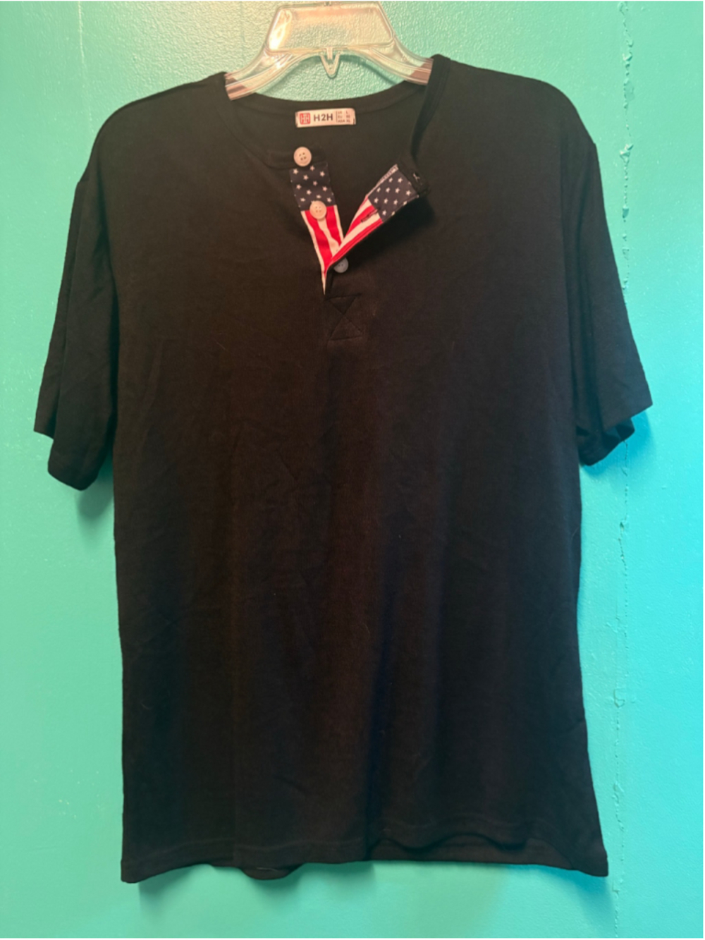 Men's H2H Henley Polo Shirt Size L Black with American Flag Accent